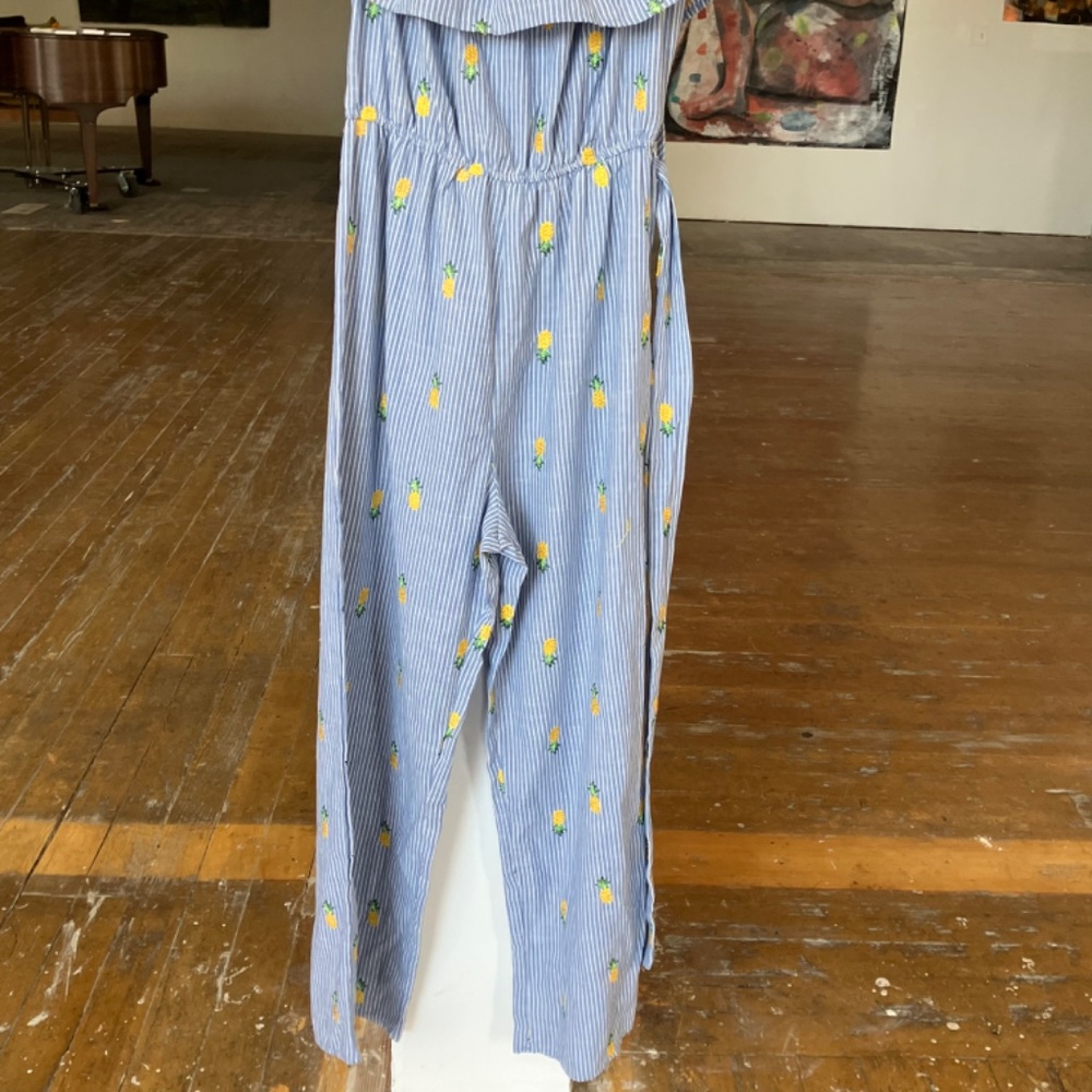 Blue and white striped jumpsuit, embroidered with pineapples and fabric belt - Picture 5 of 10